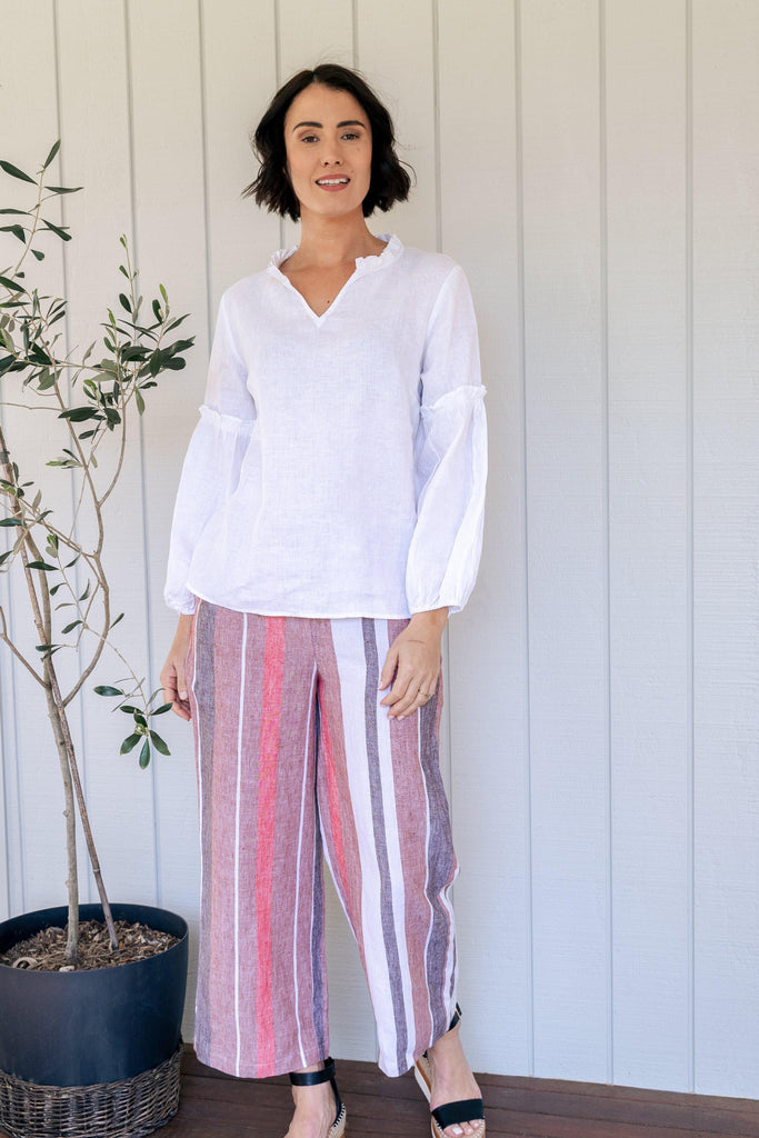 100% Linen Wide Leg Pant - Clay Multi Stripe - EumundiStyle