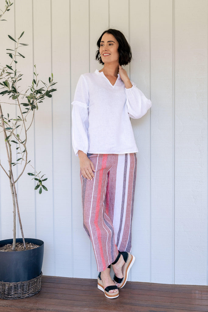 100% Linen Wide Leg Pant - Clay Multi Stripe - EumundiStyle