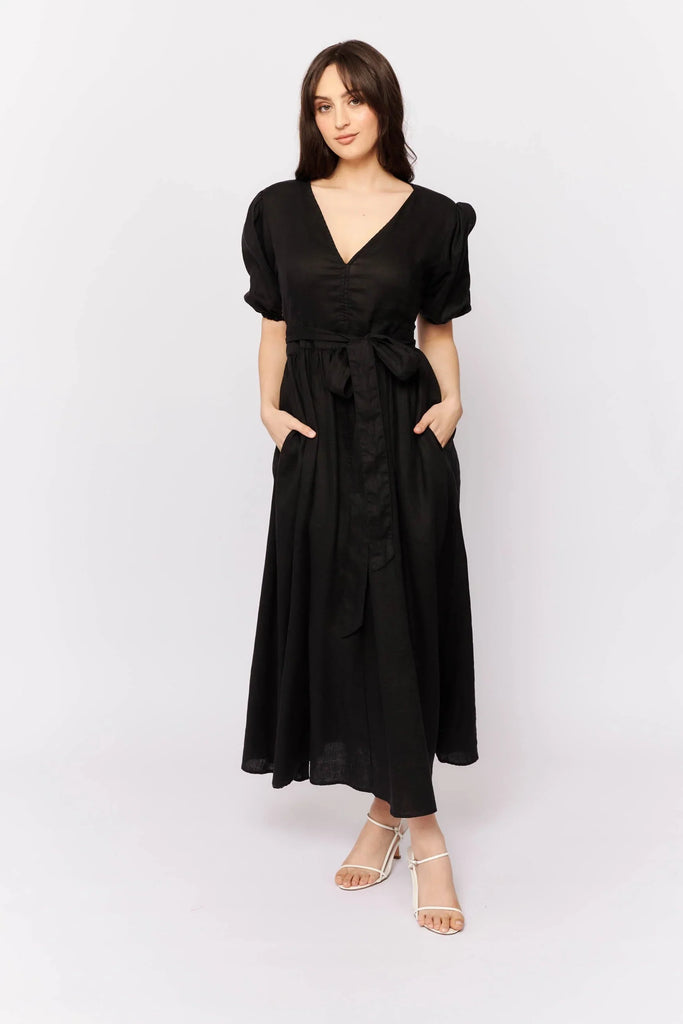 Aria Dress in Black Linen - EumundiStyle