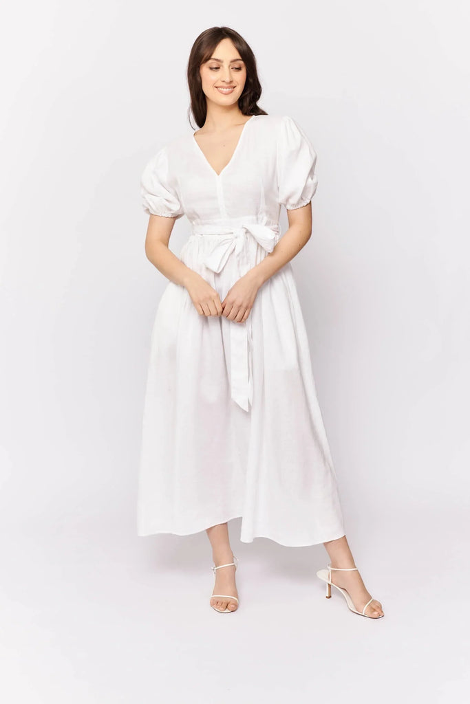 Aria Dress in White Linen - EumundiStyle