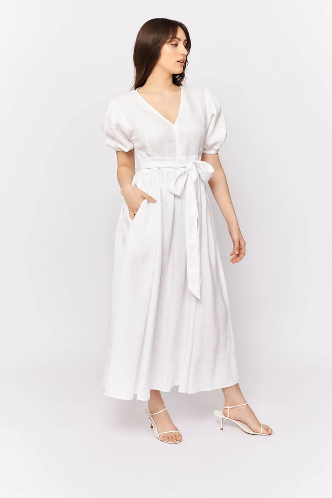 Aria Dress in White Linen - EumundiStyle