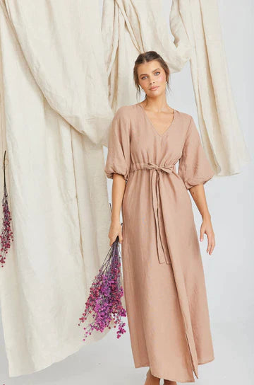 Ava Dress in Saddle Brown Linen - EumundiStyle