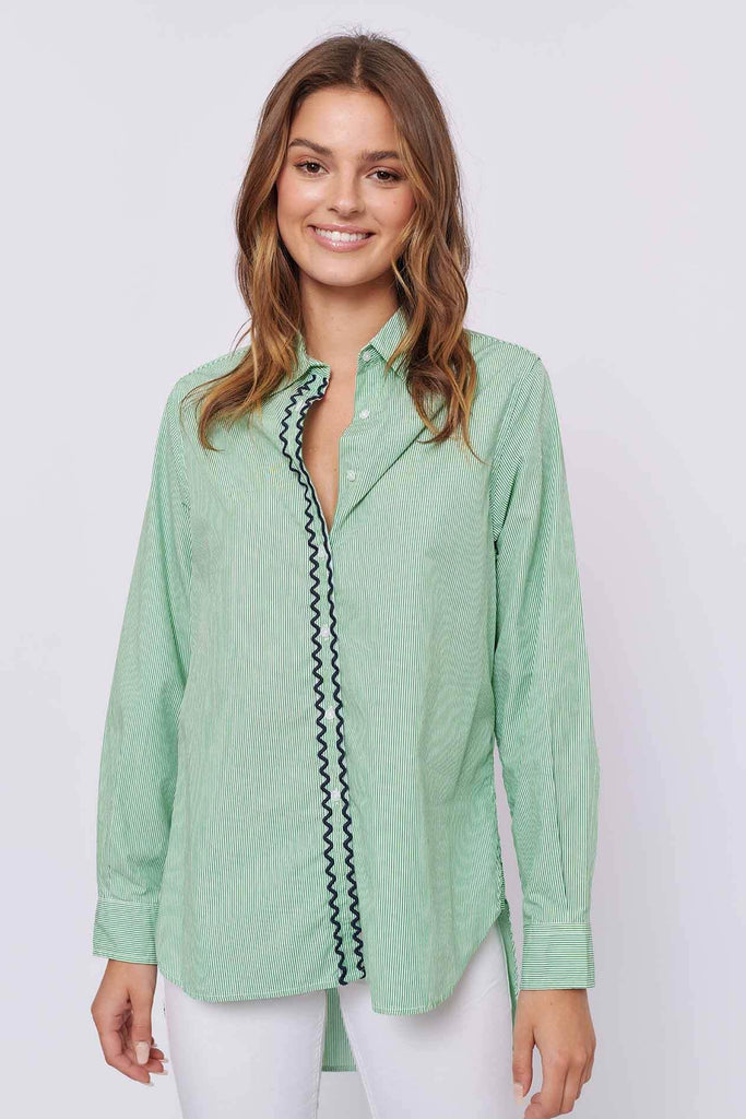Cleopatra Cotton Shirt in Green Stripe - EumundiStyle
