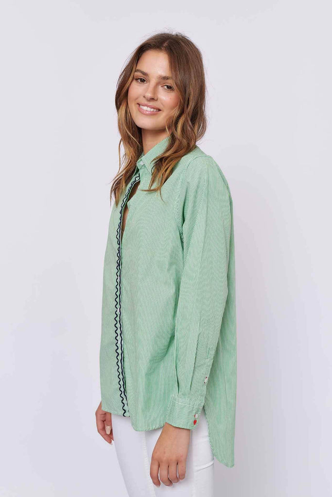 Cleopatra Cotton Shirt in Green Stripe - EumundiStyle