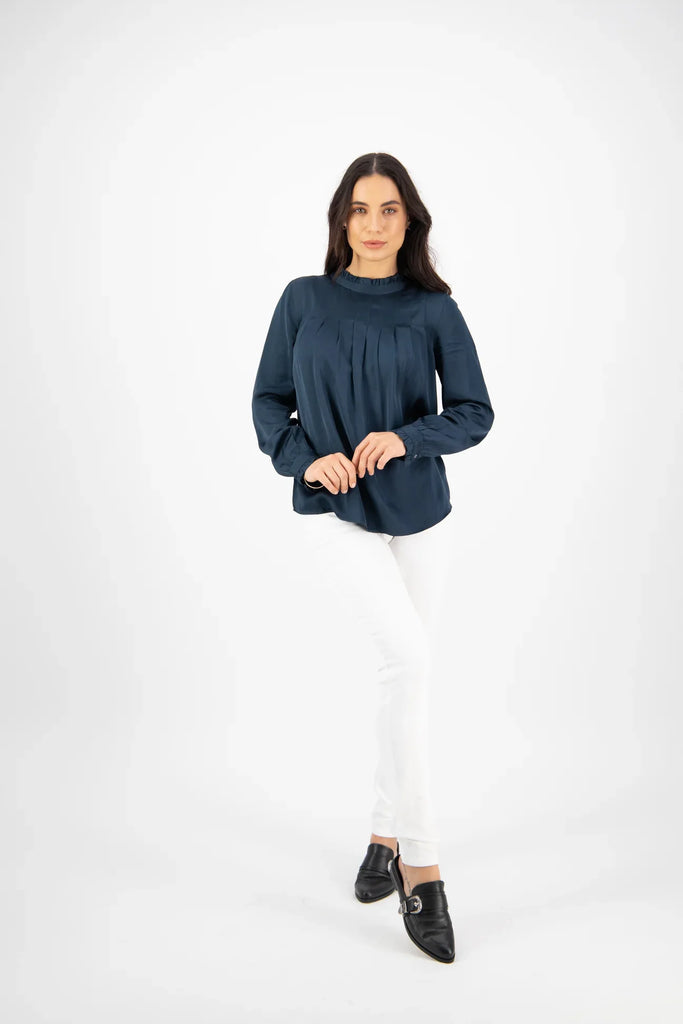 Ruffle Neck Top with Pleat Front in Peacock - EumundiStyle