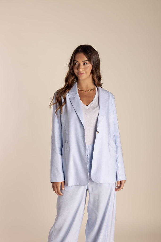 Single Breasted Linen Blazer - Ice Blue - EumundiStyle