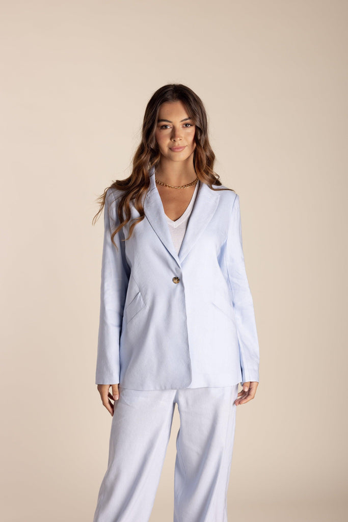 Single Breasted Linen Blazer - Ice Blue - EumundiStyle