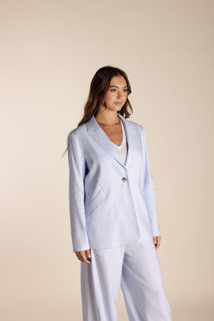 Single Breasted Linen Blazer - Ice Blue - EumundiStyle