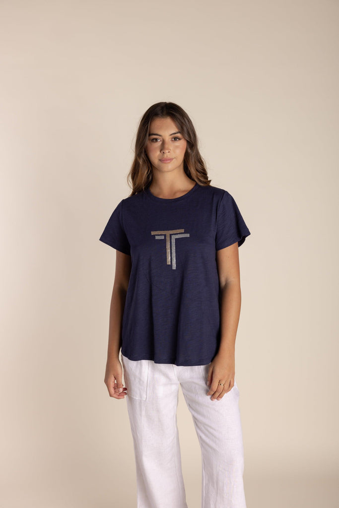 Two T's Sequin Logo T-shirt - Navy - EumundiStyle