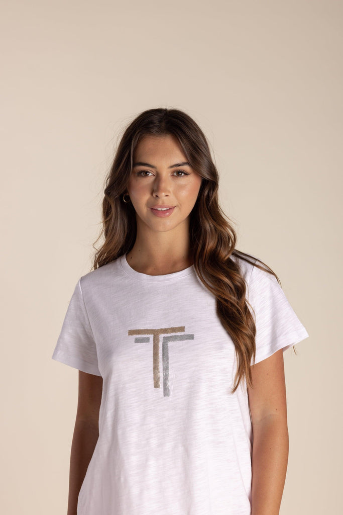 Two T's Sequin Logo T-shirt - White - EumundiStyle