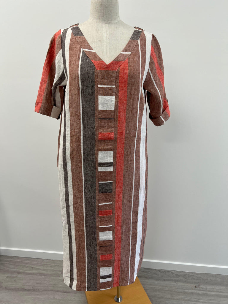 V Neck 100% Linen Dress in Clay Multi Stripe - EumundiStyle